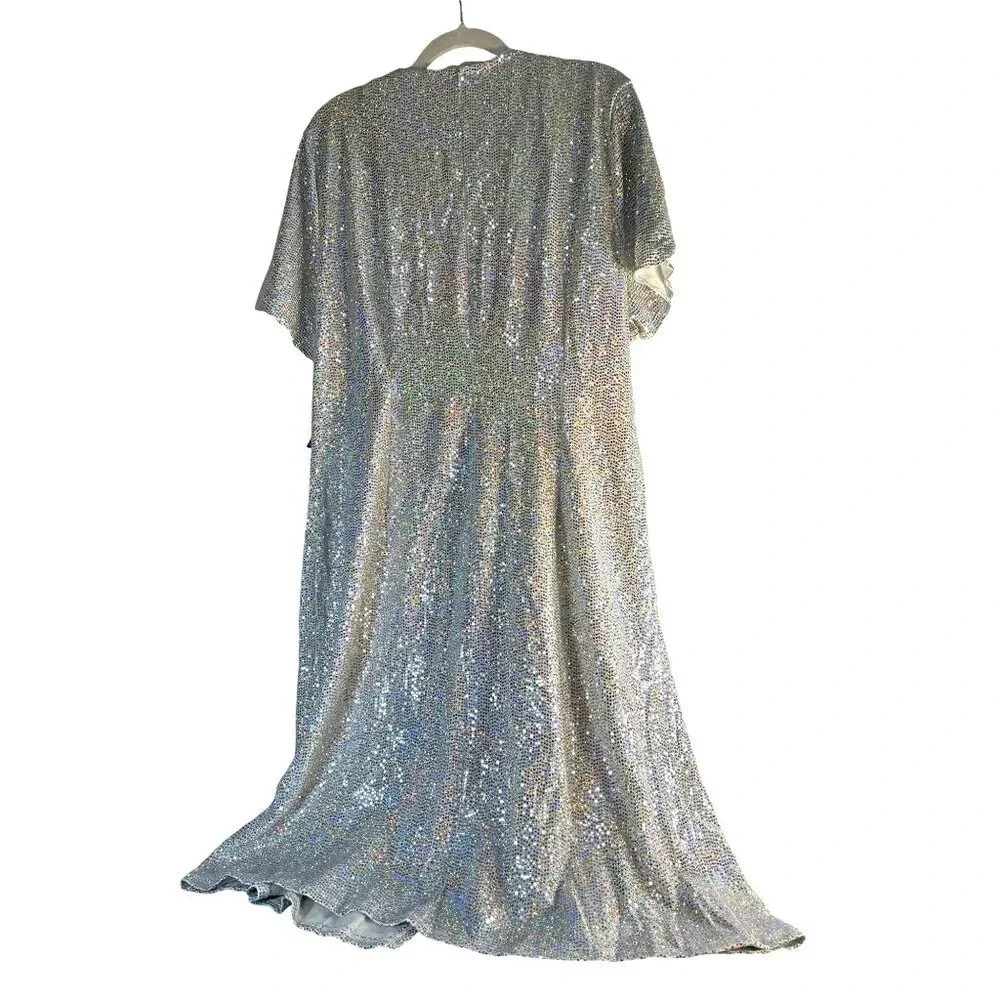 JM Studio Womens Sparkle Dress Wrap Look Short Flutter Sleeve V-Neck Silver Spar - Picture 2 of 6